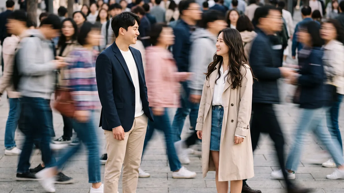 붐비는 거리에서 서로를 바라보는 두 사람