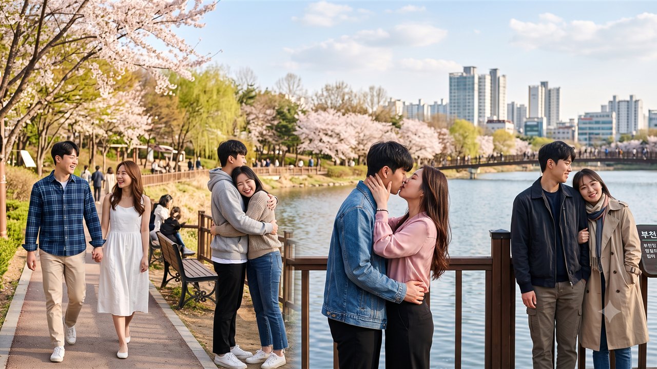 산책과 포옹, 입맞춤으로 서로 다른 친밀감을 표현하는 연인들